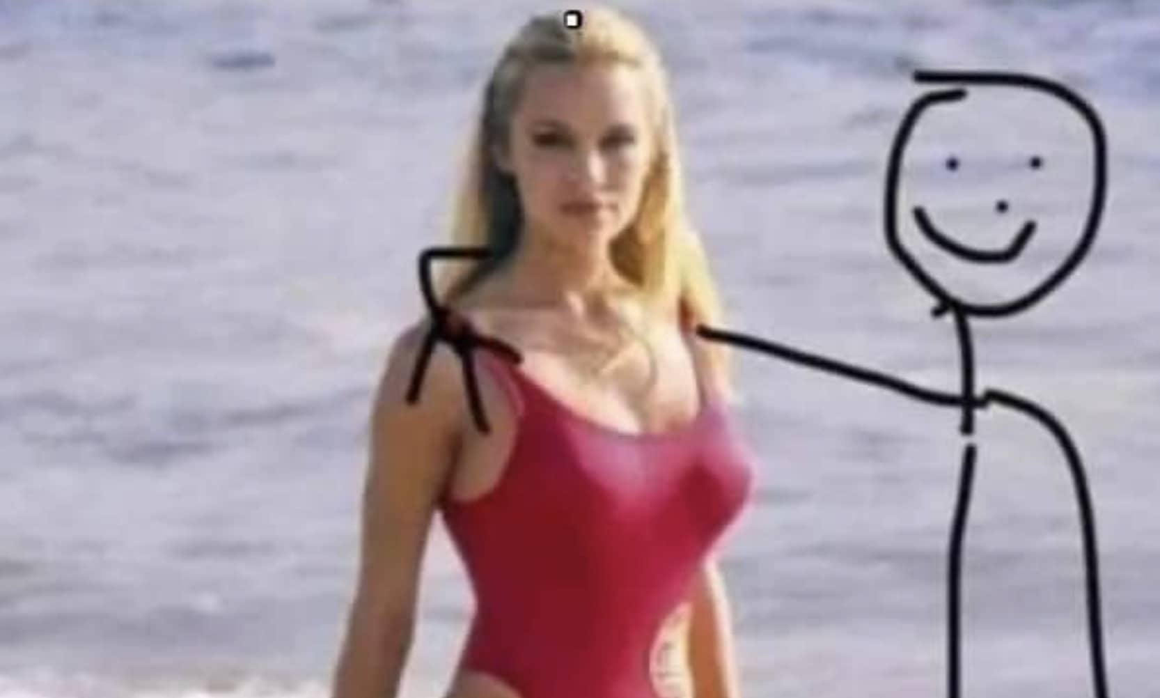 Funny meme with smiling stick figure drawn next to woman in red Baywatch swimsuit on beach