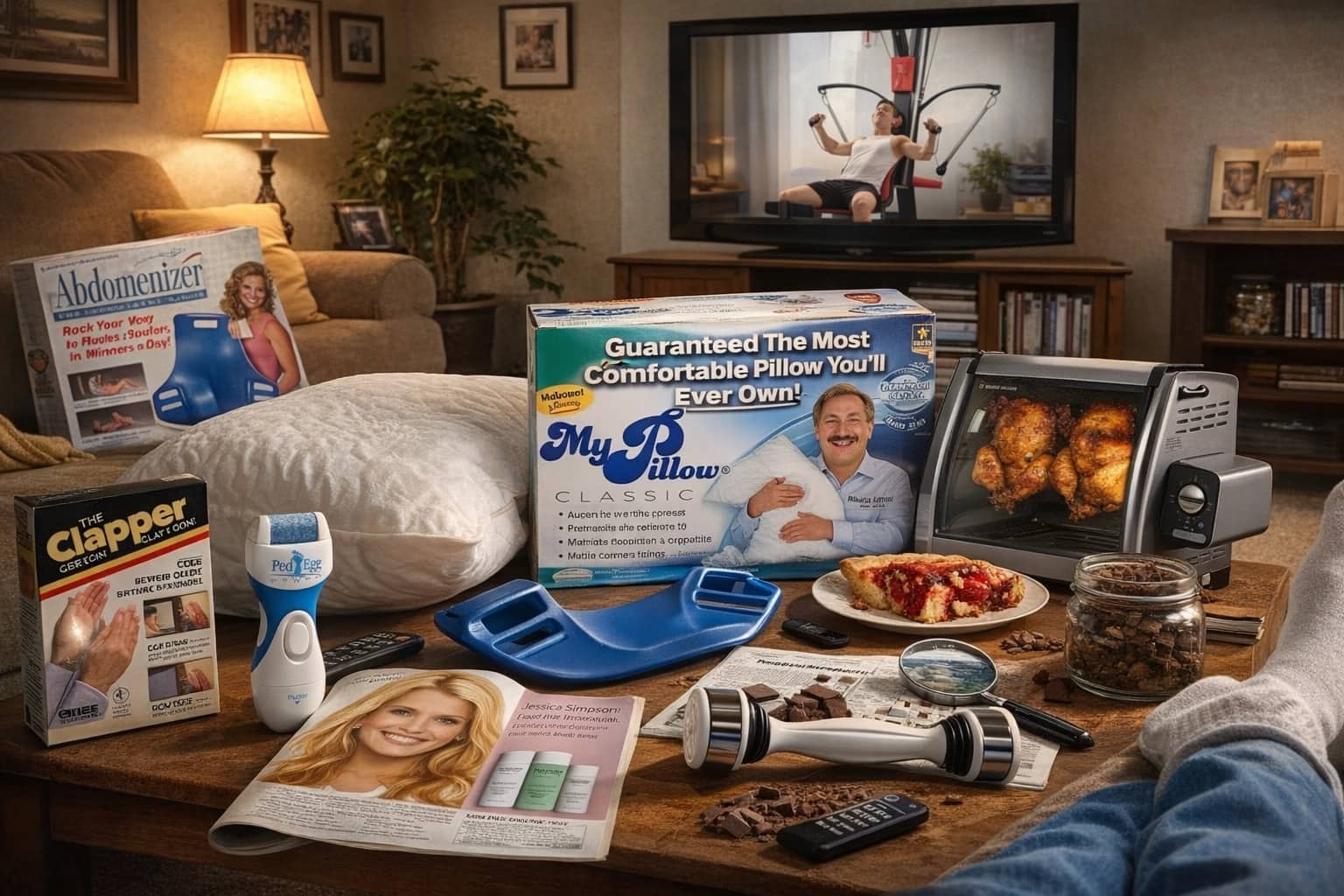 As Seen On TV products including MyPillow and The Clapper on a living room table.