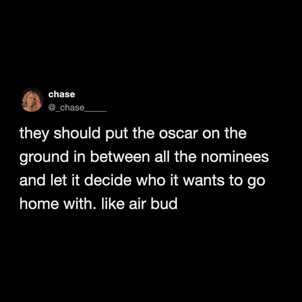 chaotic suggestion to decide winners Air Bud style by letting the statue choose its owner defines this popular text-based Oscars meme