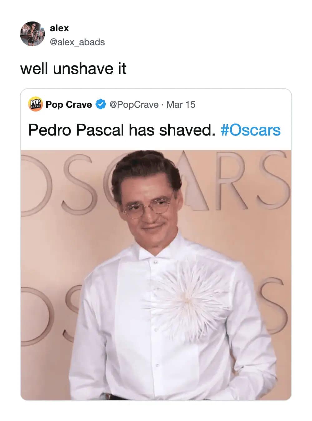 The collective heartbreak over a grooming choice is captured in this Oscars meme, as fans desperately beg Pedro Pascal to "unshave" his face following his clean-cut red carpet debut