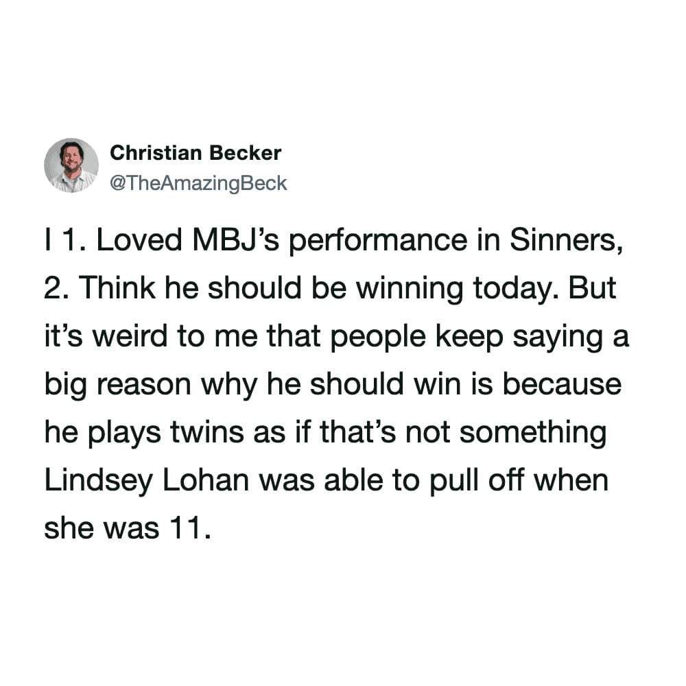 A sharp reality check on Michael B. Jordan's award-winning performance in Sinners creates a viral Oscars meme, comparing his dual role as twins to Lindsay Lohan’s iconic childhood work in The Parent Trap.