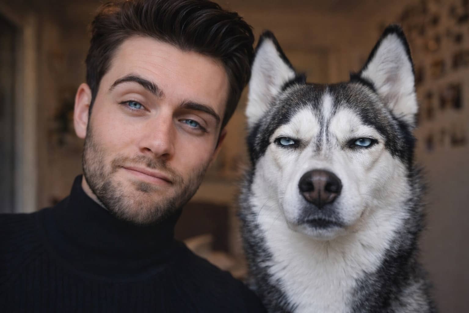 Side-by-side portrait of a man and a husky with matching blue eyes and expressions.