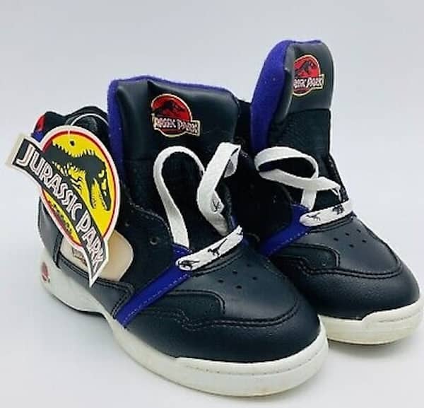 Black high top sneakers featuring classic Jurassic Park T-Rex logo.