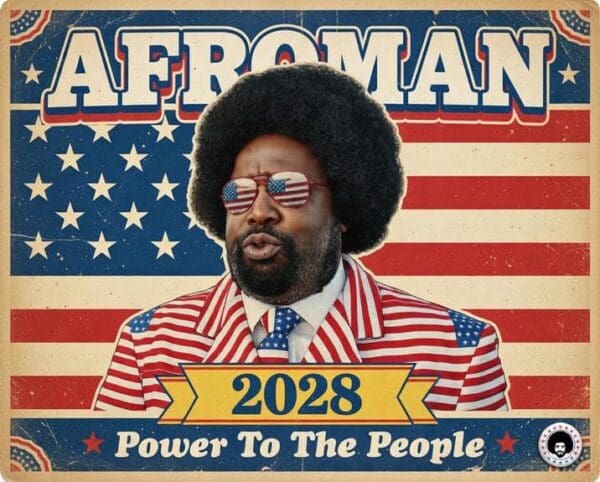 A political-style Afroman trial meme campaign poster for "Afroman 2028". The weathered, vintage-style design shows the rapper in his signature flag suit and aviators against a backdrop of the Stars and Stripes, featuring the slogan "Power To The People".