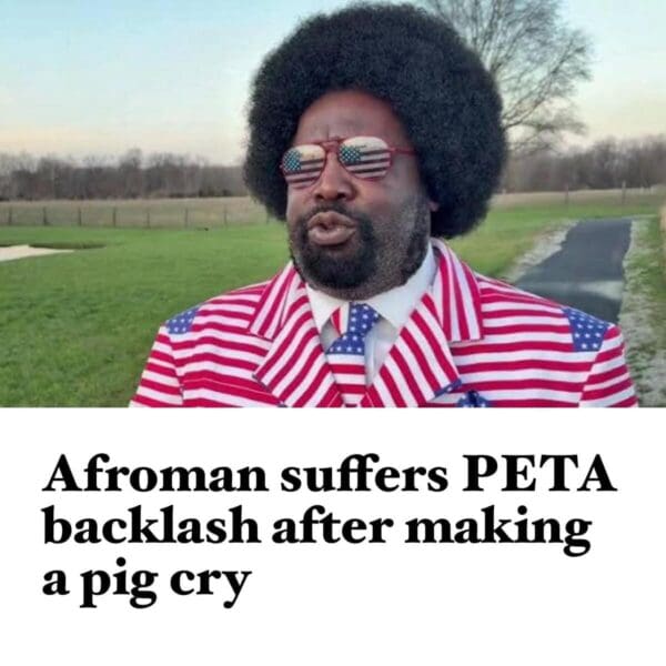 A satirical Afroman trial meme featuring a mock headline: "Afroman suffers PETA backlash after making a pig cry". The text is a double entendre referencing the police officers involved in the trial, placed above an image of the rapper in his courtroom flag attire.