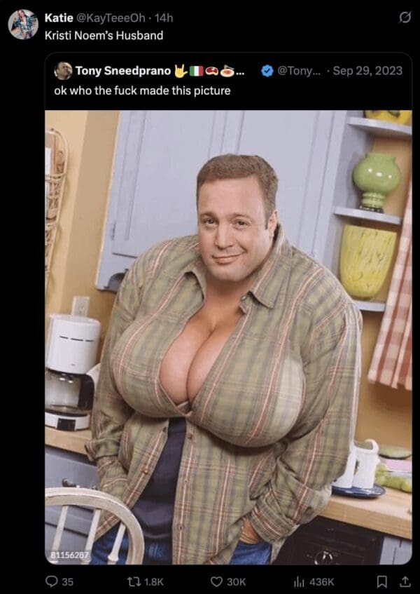 A hilarious meme of the viral Kevin James smirk photo from King of Queens, heavily edited to give him massive breasts. The caption identifies him as "Kristi Noem's Husband."