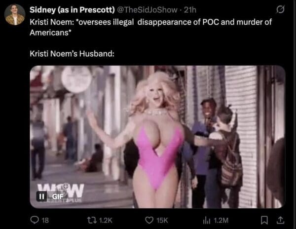 A Kristi Noem husband meme tweet contrasting Kristi's political record with a GIF of a drag performer wearing a hot pink swimsuit and giant fake breasts strutting through a crowd.