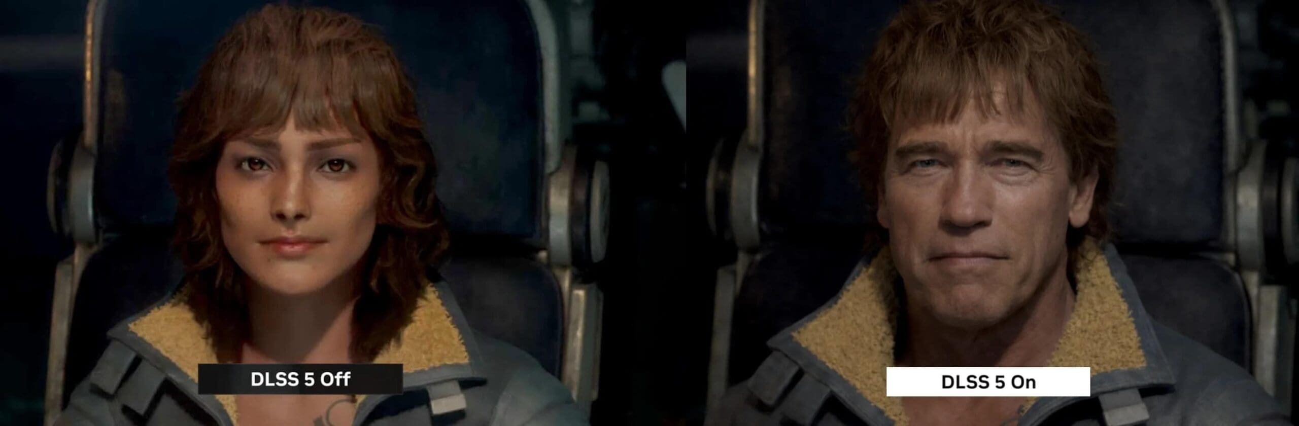 Satirizing character design debates, this DLSS 5 meme compares Kay Vess from Star Wars Outlaws "Off" with a version where the technology has supposedly "fixed" her by flawlessly swapping her face for a young Arnold Schwarzenegger's.