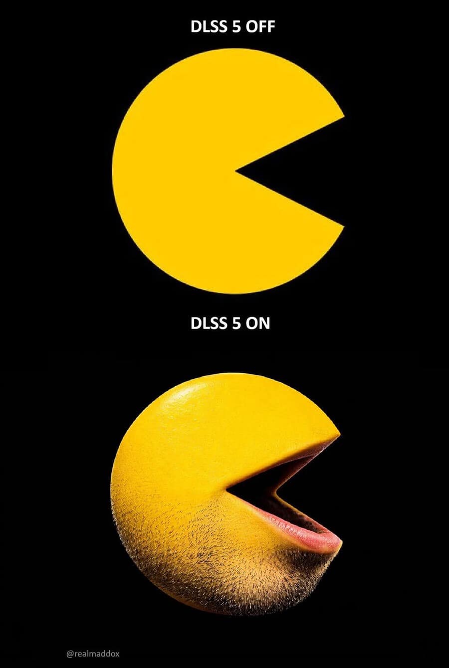 minimalist DLSS on/off comparison using Pac-Man. The "Off" version is the classic 2D yellow circle, while the "On" version is a terrifyingly high-fidelity 3D sphere complete with realistic human skin texture, stubble, and fleshy lips.