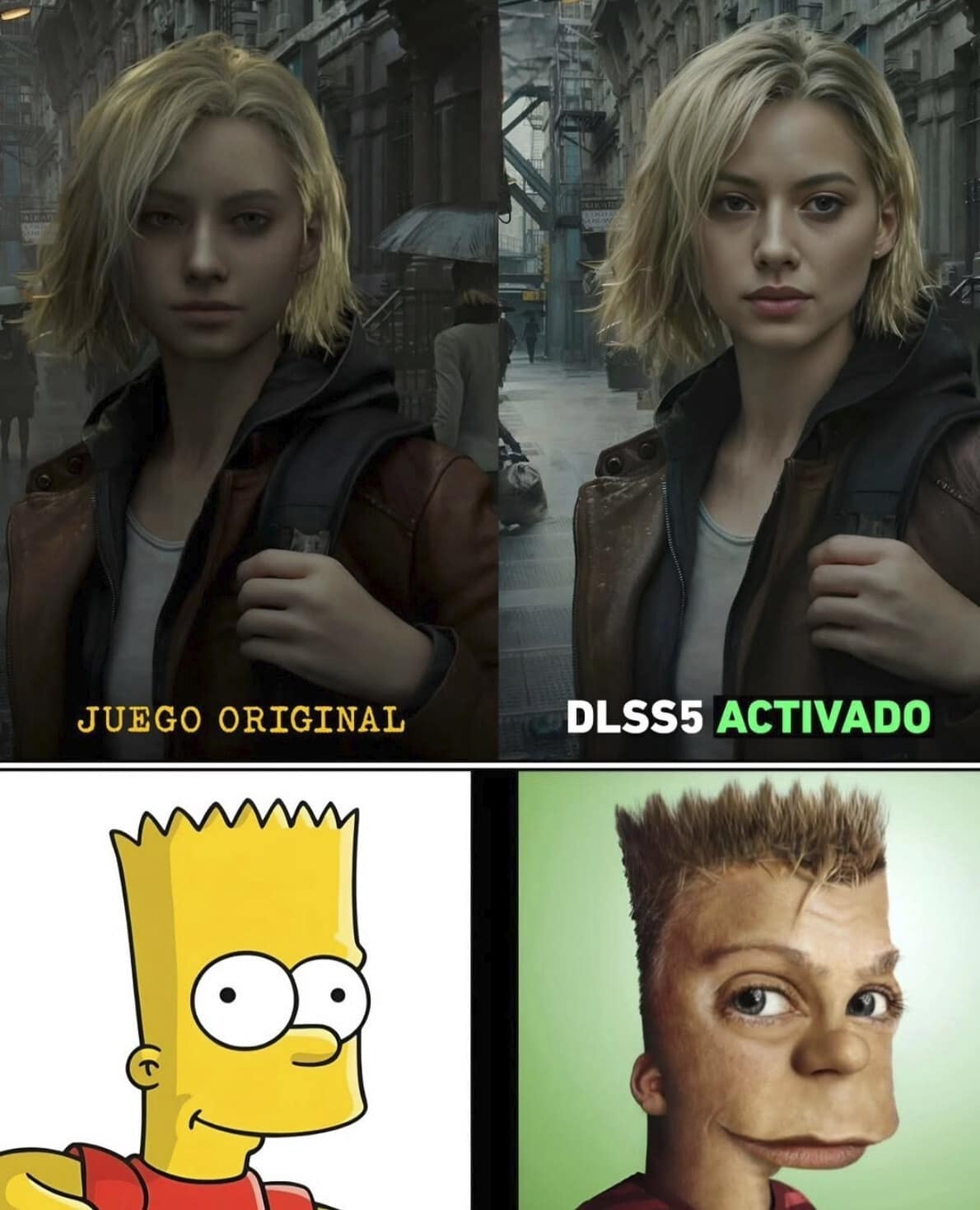 two-part DLSS 5 meme showing a realistic female character in a gritty street setting labeled "Juego Original" vs. a sharper version. Below, a classic Bart Simpson drawing is compared to a cursed, hyper-realistic 3D Bart with detailed skin and hair, satirizing "improved" graphics