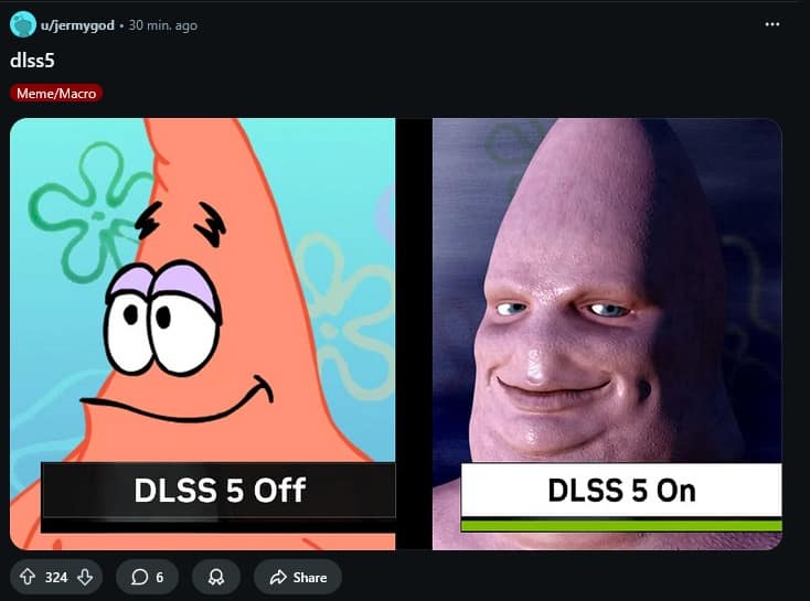 In this DLSS meme, the 2D cartoon Patrick Star is shown as the "Off" state. The "On" state transforms him into a hyper-realistic, pink-skinned humanoid with blue eyes and a subtle, smug smile, pushing the limits of graphical upscaling.