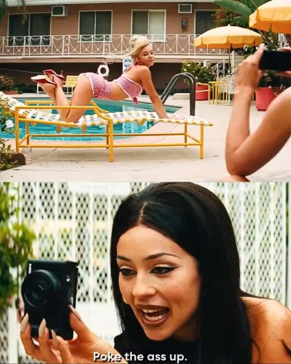 A two-panel Euphoria season 3 trailer reaction meme. The top panel shows Cassie (Sydney Sweeney) in a pink gingham pin-up outfit, arching her back on a pool lounge chair. The bottom panel shows Maddy (Alexa Demie) holding a vintage camera and giving directions, with the subtitle: "Poke the ass up."