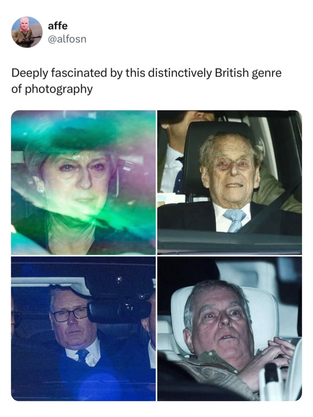 A hilarious Prince Andrew arrest meme showcasing a four-panel collage of highly distressed British elites—including Theresa May and Prince Philip—trapped in cars, titled "Deeply fascinated by this distinctively British genre of photography."