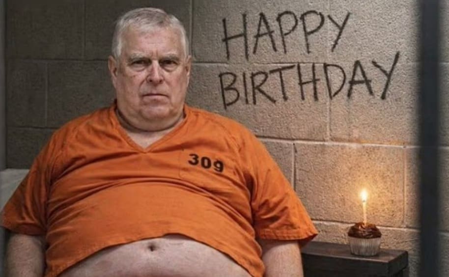 An AI-generated Prince andrew arrest meme reaction depicting a depressed Prince Andrew sitting in a stark prison cell wearing an orange jumpsuit, staring at a single cupcake while "HAPPY BIRTHDAY" is ominously scrawled on the concrete wall.