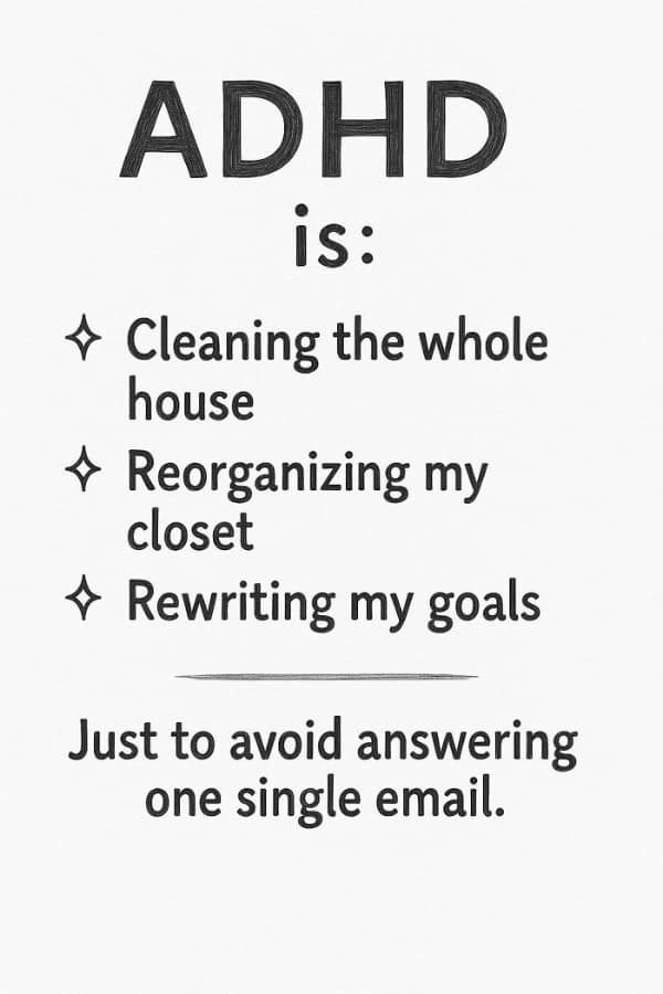 Text meme about procrastinating emails with chores.