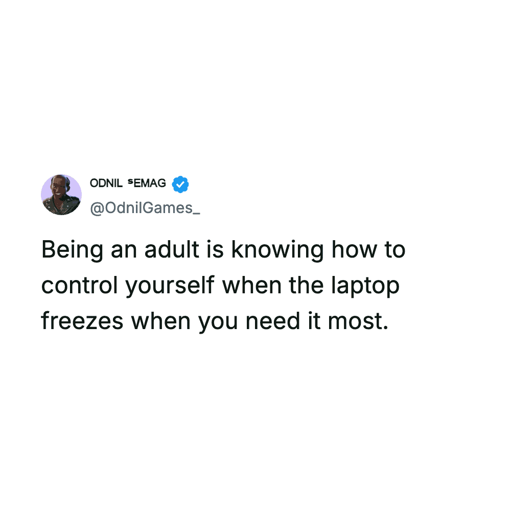 Relatable text post highlighting the immense psychological restraint required when a computer freezes during crucial tasks.