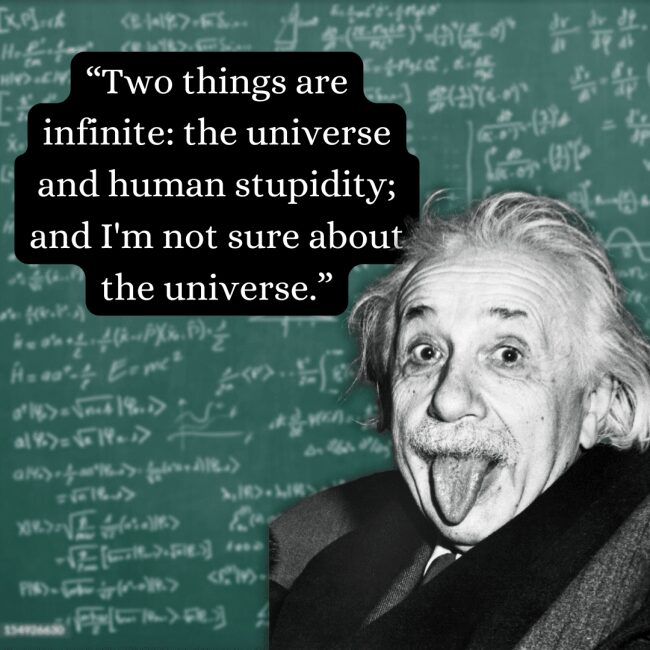A cynical and legendary albert einstein quote regarding the infinity of human stupidity is displayed in white text over the famous black-and-white photograph of the physicist sticking out his tongue, all set against a green chalkboard layered with physics equations.