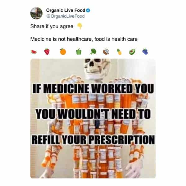 Skeleton made of pill bottles claiming medicine does not work because refills exist.