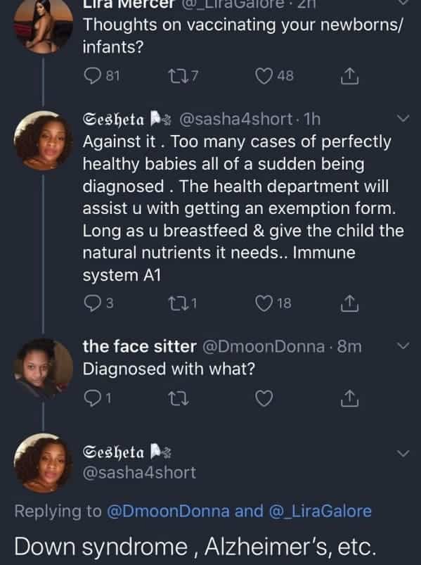 Tweet claiming vaccines cause babies to be diagnosed with Alzheimer's and Down syndrome.