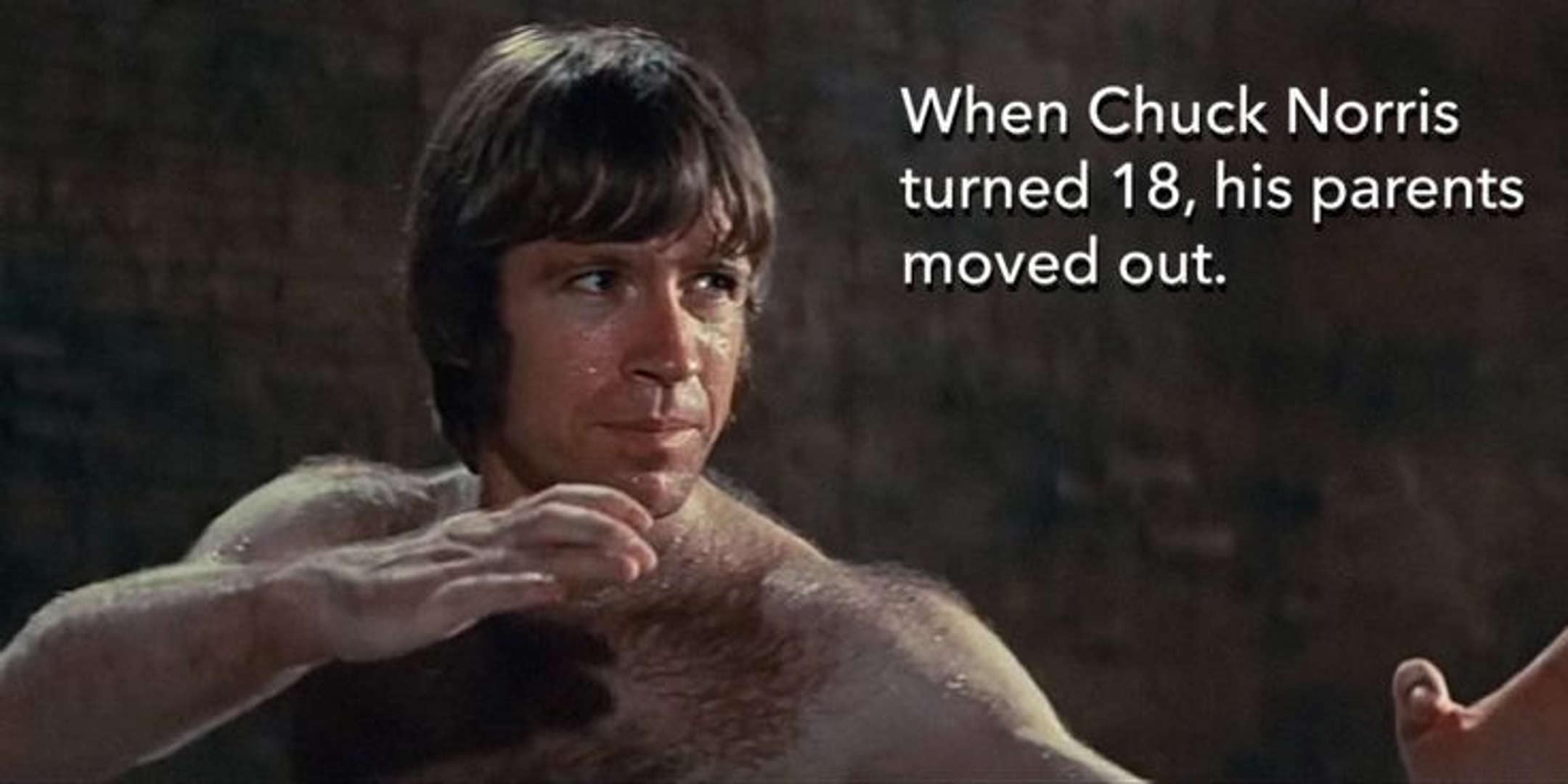 A vintage, shirtless photo of a young Chuck Norris in a fighting stance. The caption delivers a quintessential best Chuck Norris meme punchline: "When Chuck Norris turned 18, his parents moved out."