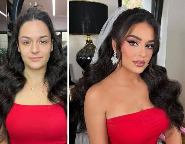Dramatic bridal transformation from a simple red tank top to a polished wedding look with waves.