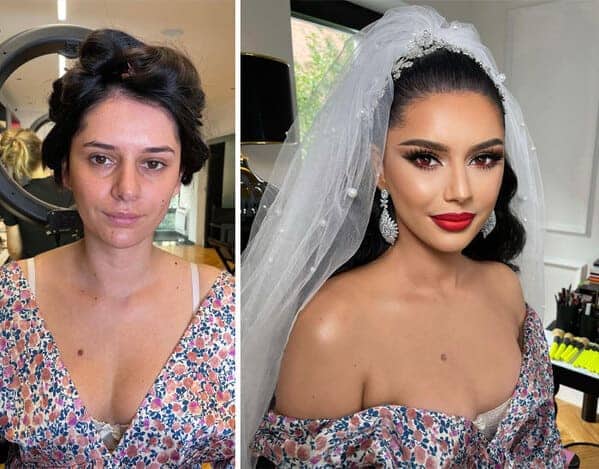 Bride before and after featuring sharp winged eyeliner, red lips, and a classic pearl-detailed veil.