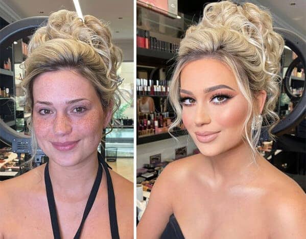 Bride's before and after photos showcasing a voluminous blonde updo and soft, glamorous facial makeup.