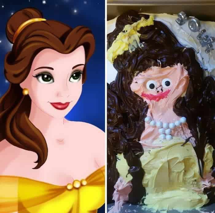 A comparison of Disney's Belle and a terrifying botched cake version of her face with pearl teeth.