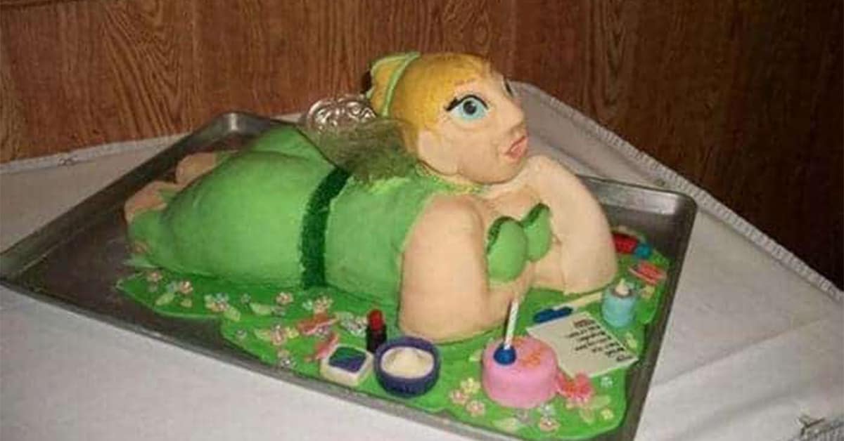 Collection of cake fail images and botched cake creations featuring scary princesses and pickle cheesecakes