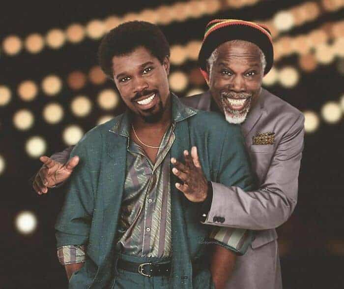 Billy Ocean hugging his smiling younger self in a digitally edited photo.