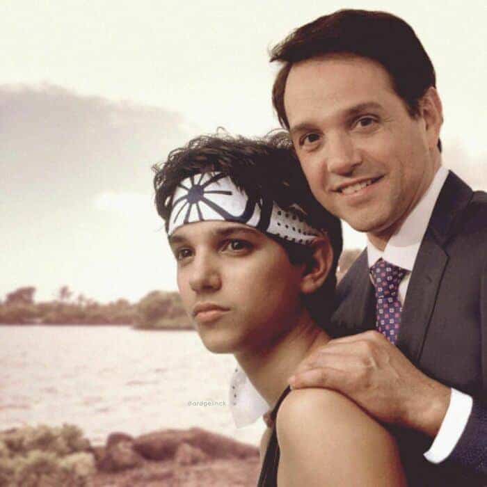 Ralph Macchio posing with his younger Karate Kid character self.