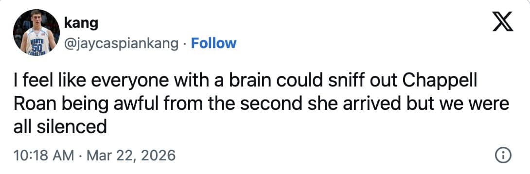 more serious take on the Chappell Roan controversy from user kang. The tweet claims, "I feel like everyone with a brain could sniff out Chappell Roan being awful from the second she arrived but we were all silenced," reflecting the shifting public sentiment during the viral news cycle.