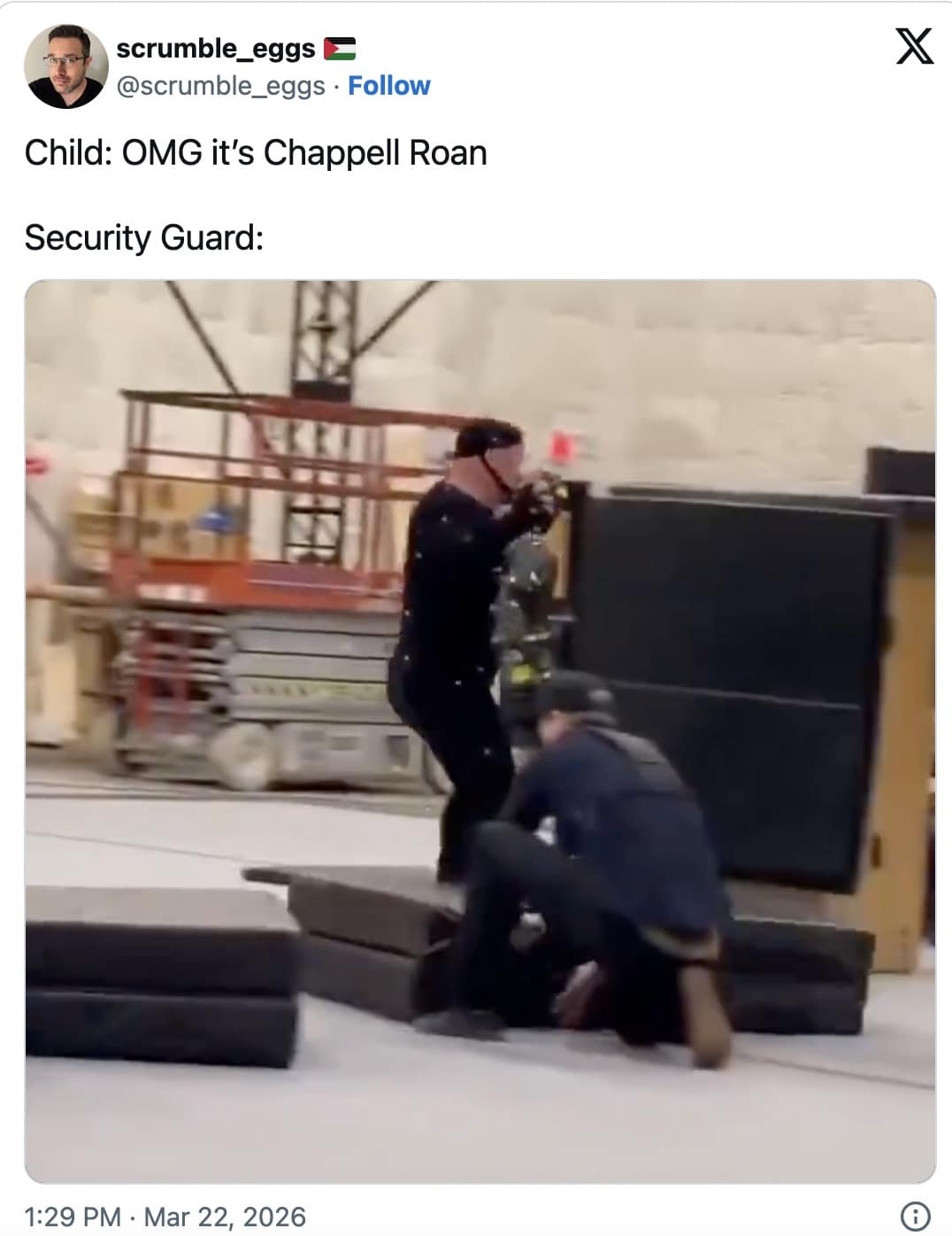 blurry, high-action Chappell Roan meme from scrumble_eggs. The text "Child: OMG it’s Chappell Roan. Security Guard:" is paired with a video still of a stuntman performing a violent, mid-air wrestling tackle on a person in a motion-capture suit.