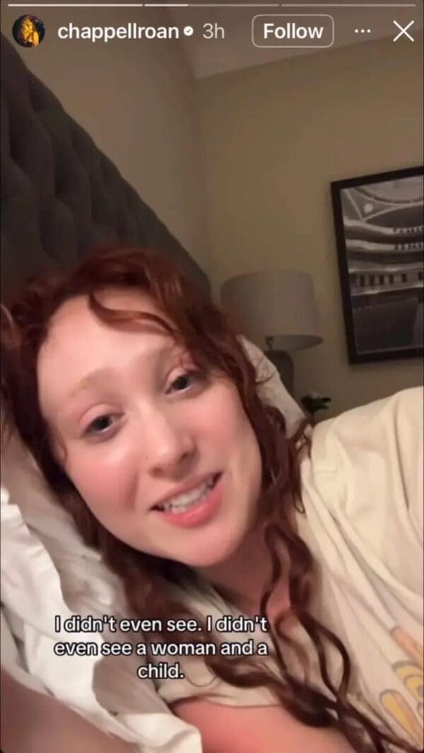 A screen grab from a Chappell Roan meme response video. The singer is seen lying in bed, looking tired but earnest, with an on-screen caption that reads: "I didn't even see. I didn't even see a woman and a child," addressing the hotel encounter allegations.