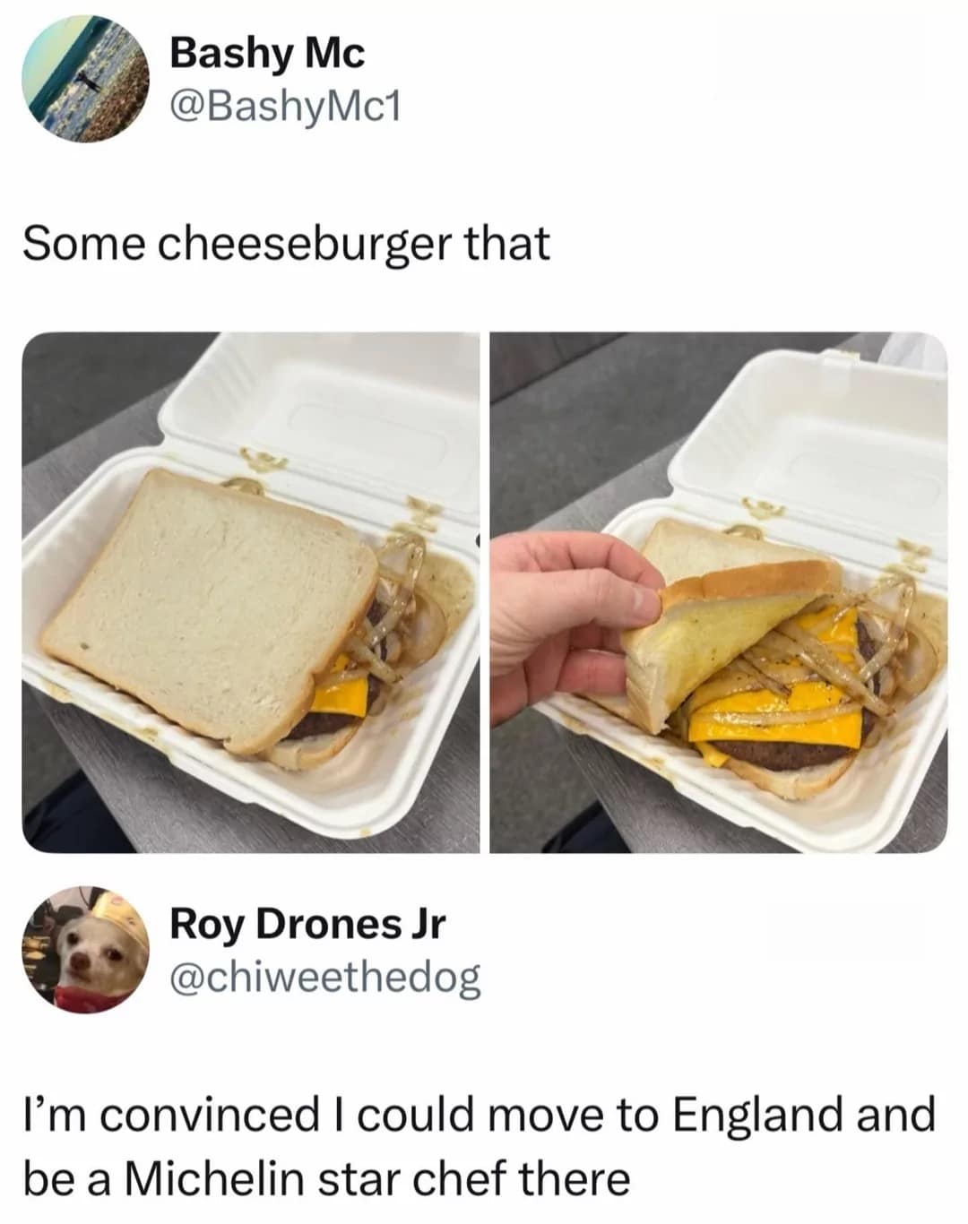 sarcastic classic meme showcasing a dismal-looking cheeseburger served on plain white sandwich bread with translucent, limp onions. The text suggests the creator could easily become a "Michelin star chef" in England based on this effort.