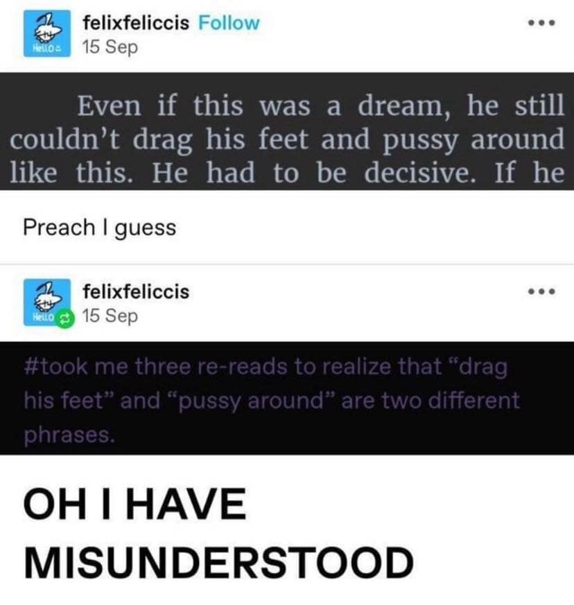 A hilarious classic meme showing a linguistic misunderstanding on Tumblr. A user shares a snippet of text describing someone who couldn't "drag his feet and pussy around," and realizes after three re-reads that "pussy around" was meant as a verb for indecision, not a literal object being dragged.