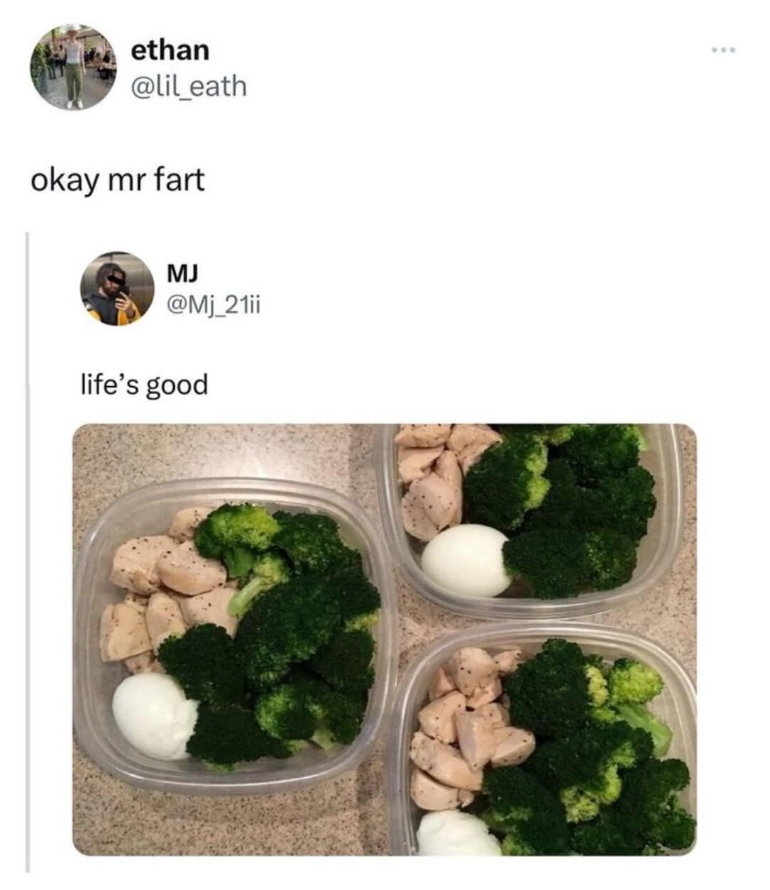 A best memes entry featuring a tweet of bland chicken and broccoli meal prep containers captioned "life's good," which is met with the blunt quote-tweet reply: "okay mr fart."