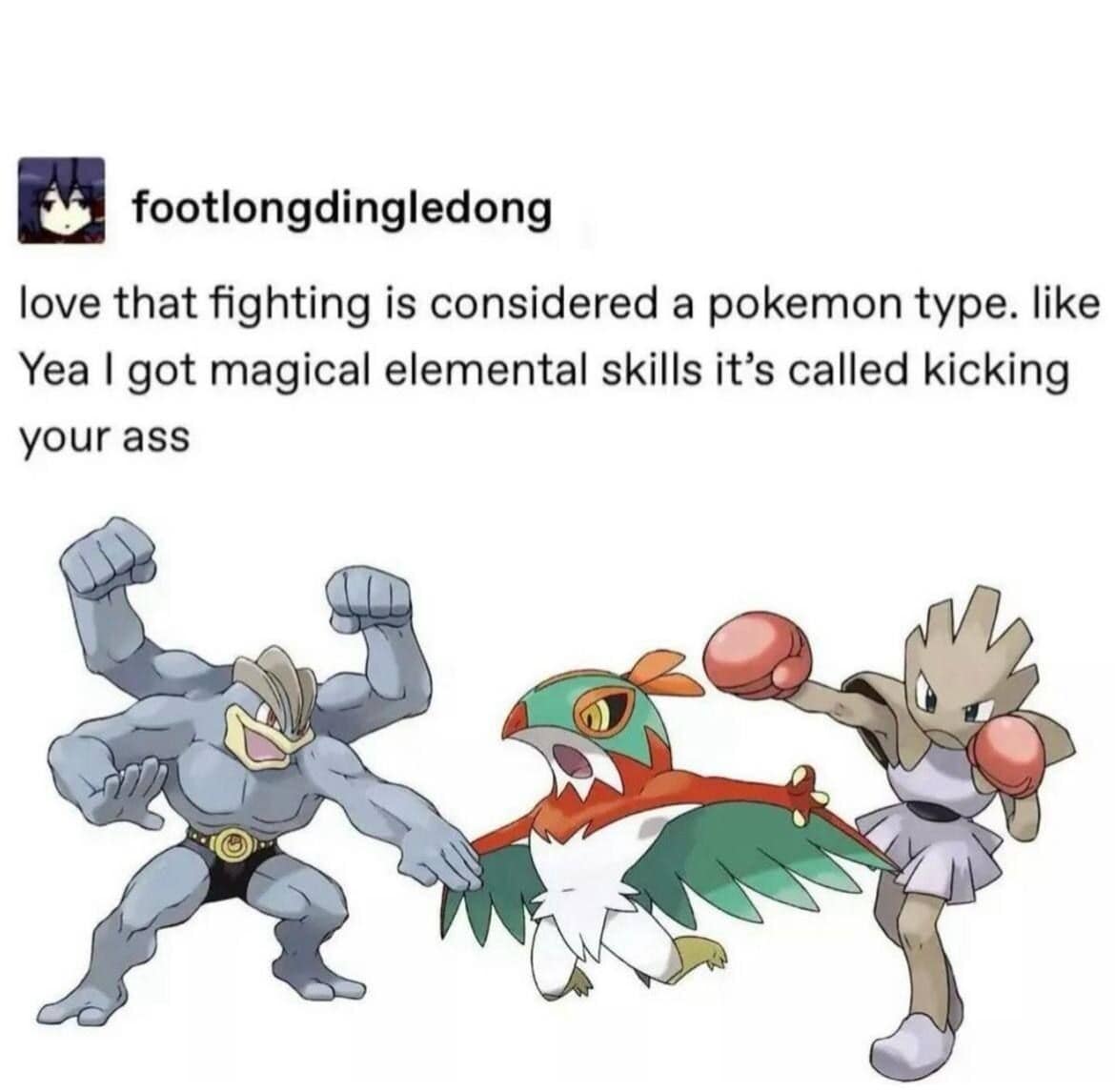 Pokemon-themed best memes post mocking the "Fighting" type, featuring Machamp, Hawlucha, and Hitmonchan with the caption: "Yea I got magical elemental skills it's called kicking your ass."