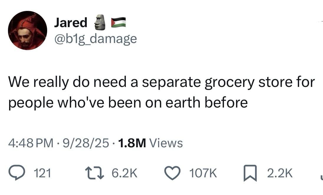 relatable classic meme tweet from Jared (@b1g_damage) stating: "We really do need a separate grocery store for people who've been on earth before."