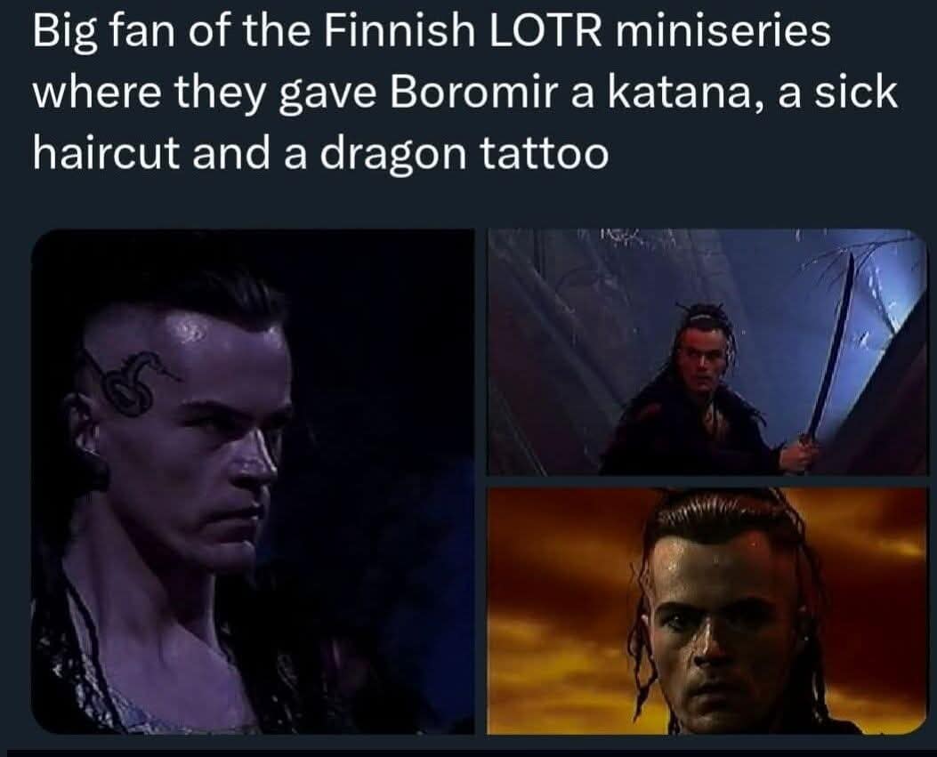 surreal classic meme showcasing three screen captures from the low-budget Finnish Lord of the Rings miniseries. It highlights the bizarre creative choice to give Boromir a katana, a modern undercut hairstyle, and a prominent dragon tattoo on his temple.