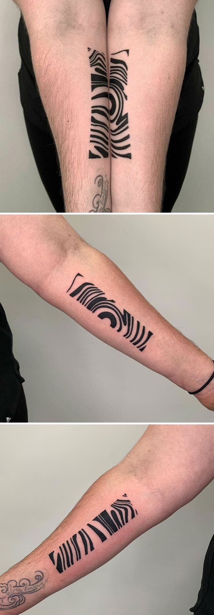 Symmetrical abstract wave tattoos on both forearms that align to create a singular geometric pattern.