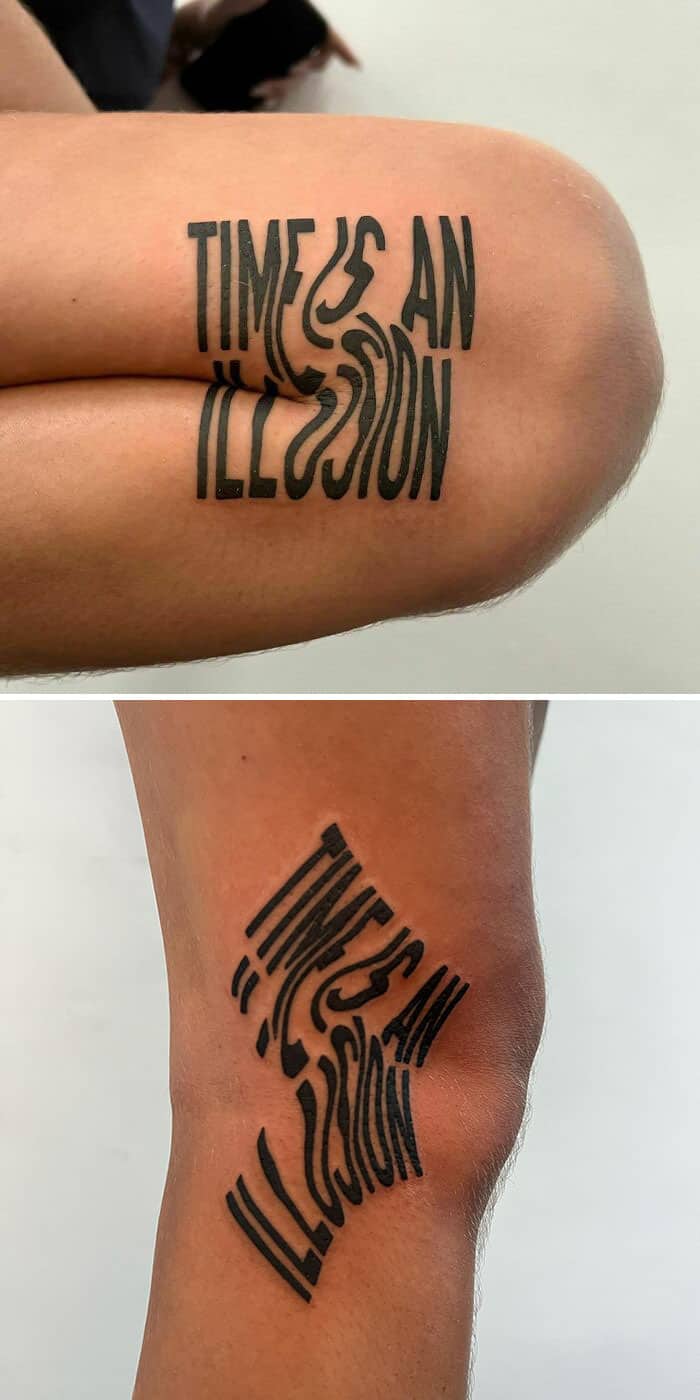 A "Time is an illusion" knee tattoo that twists into a surreal swirl when sitting down.