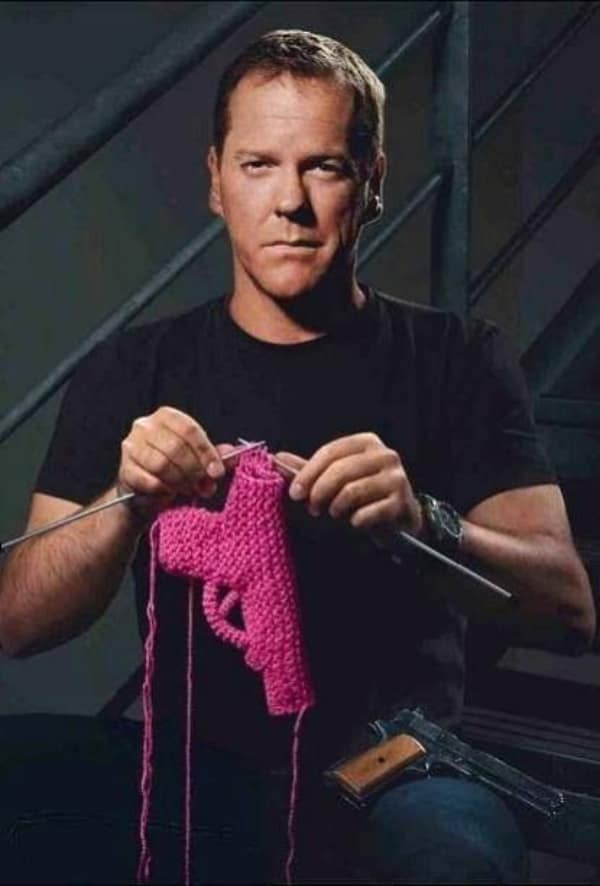 A creative knitting project meme showing actor Kiefer Sutherland knitting a pink gun on a movie set.