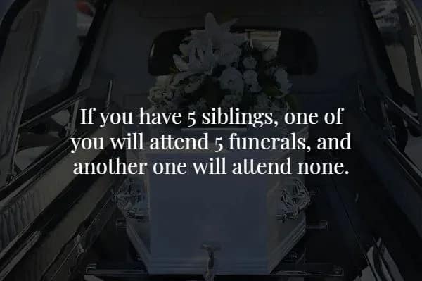 somber creepy fact features a white coffin resting in a hearse, presenting a chilling mathematical reality: in a family of six siblings, one person is destined to attend five funerals while another will attend none at all.