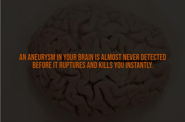 A deeply unsettling spooky fact displayed over a dark image of a brain, stating the terrifying medical reality that a brain aneurysm is almost never detected before it ruptures and k*lls you instantly.