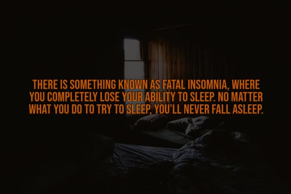 A nightmare-inducing spooky fact presented over a dark, empty bedroom, describing a terrifying medical condition called F*tal Insomnia where a person completely and permanently loses their physical ability to fall asleep, no matter what they try.