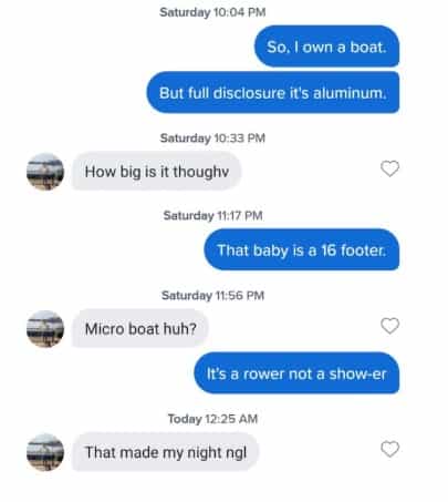 Text conversation about owning a small aluminum boat with funny rower pun dating app fails.