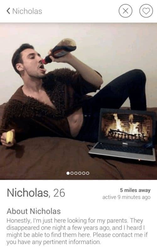 Man drinking syrup in sexy pose with joke bio about lost parents dating app fails.
