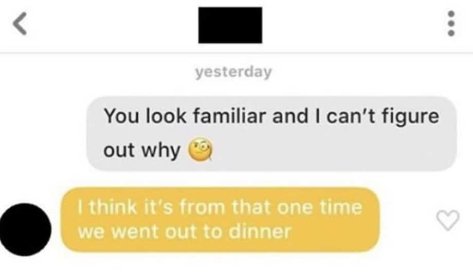 Awkward text message realizing match is someone they already dated dating app fails.