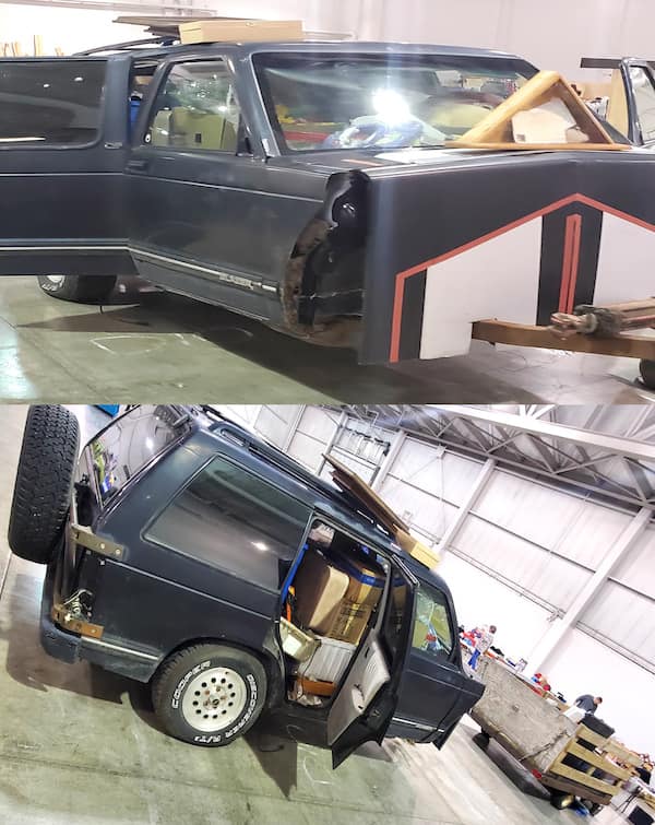 A driving fail photo of a bizarre DIY extended vehicle made of mismatched car parts and wood.